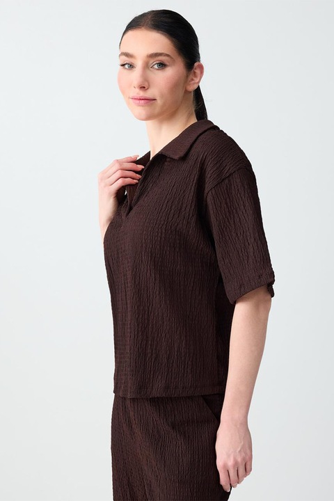 JIMMY KEY, Bluza polo texturata cu maneci scurte, Maro inchis