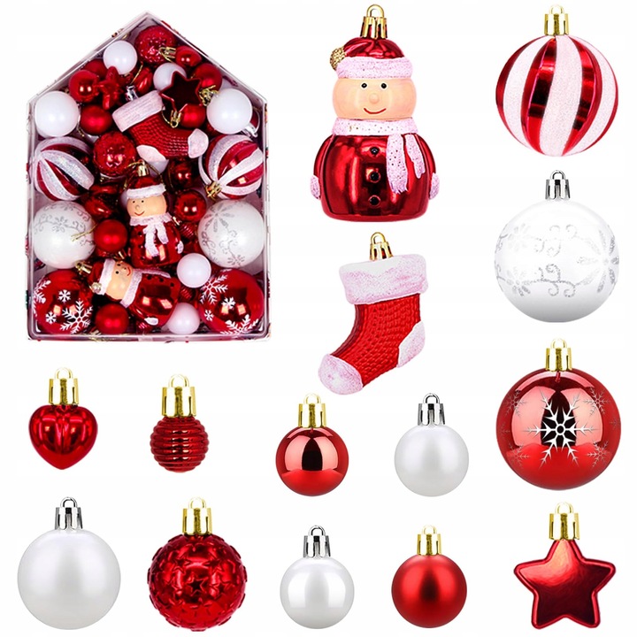 Set 72 globuri de Craciun rosii si albe, decoratiuni de Craciun, materiale ecologice, usor de agatat