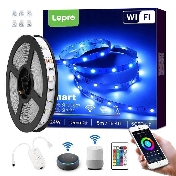 Banda LED inteligenta Lepro 5M, WiFi, 10mm, schimbare culori, 10,5x10,5x7cm