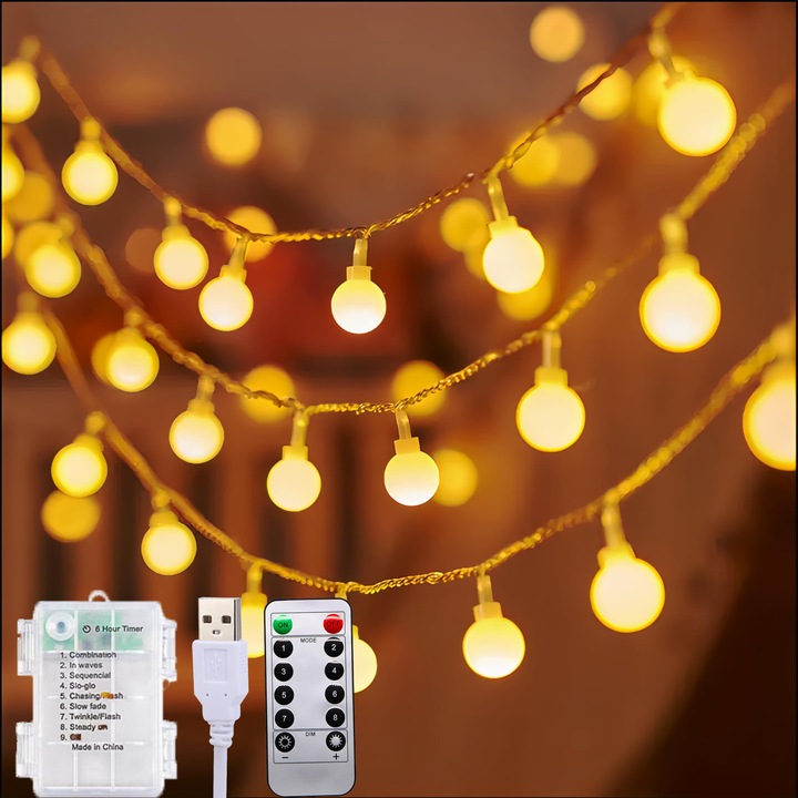 Светеща гирлянда 100 LED, 13м, захранване батерия/USB, функция таймер, топло бяло, водоустойчива