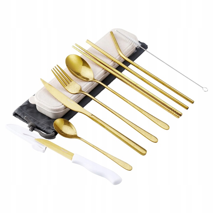 Комплект прибори за хранене Hecef от 10 части, неръждаема стомана 18/0, златист, за къмпинг