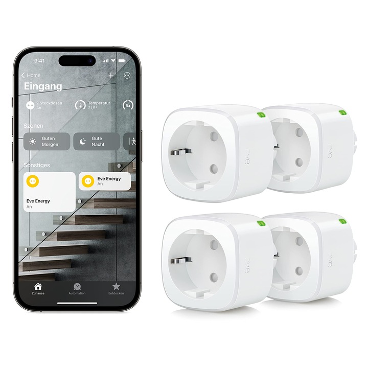 Set 4 bucati prize, inteligent EVE, Matter, compatibil cu Apple Home, Alexa, Google Home, 10x10x10cm