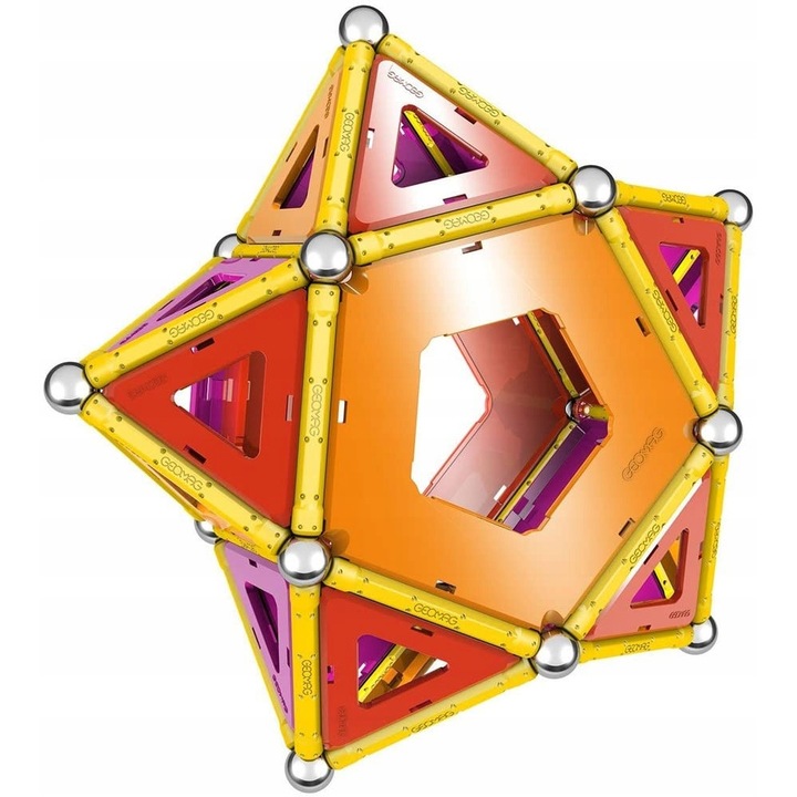 Set de constructie Geomag 114 piese, 36 bile, 38 bare galbene, 20 panouri triunghiulare, 12 patrate, 6 pentagoane, pentru copii 5+