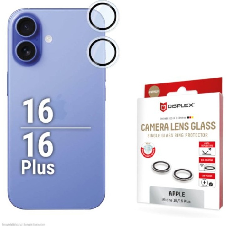 Folie protectie telefon Displex pentru camera Iphone 16/16 Plus, sticla reala, rezistenta la zgarieturi, instalare fara bule
