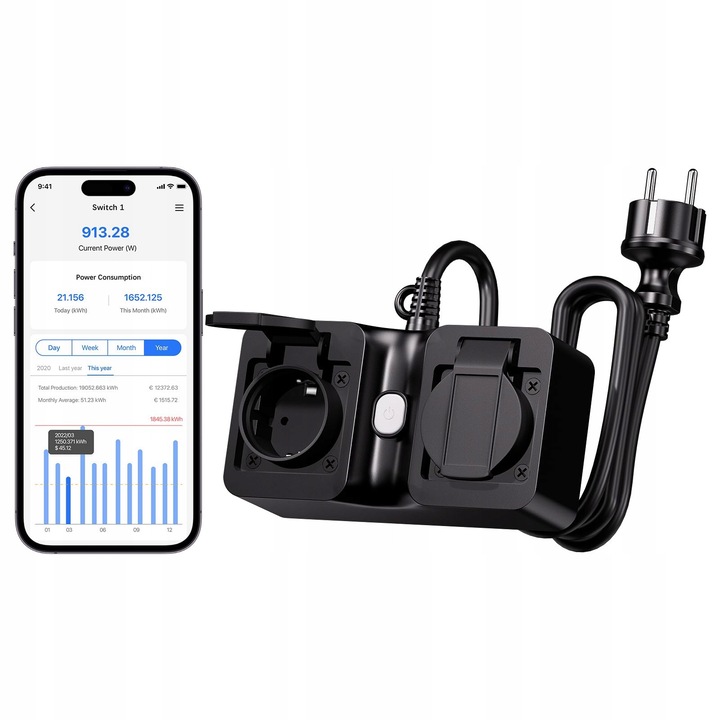 Priza inteligenta Meross MOP320, 16A, 1.5m, waterproof IP44, pentru exterior, cu pomiar consumului de energie, set de guri