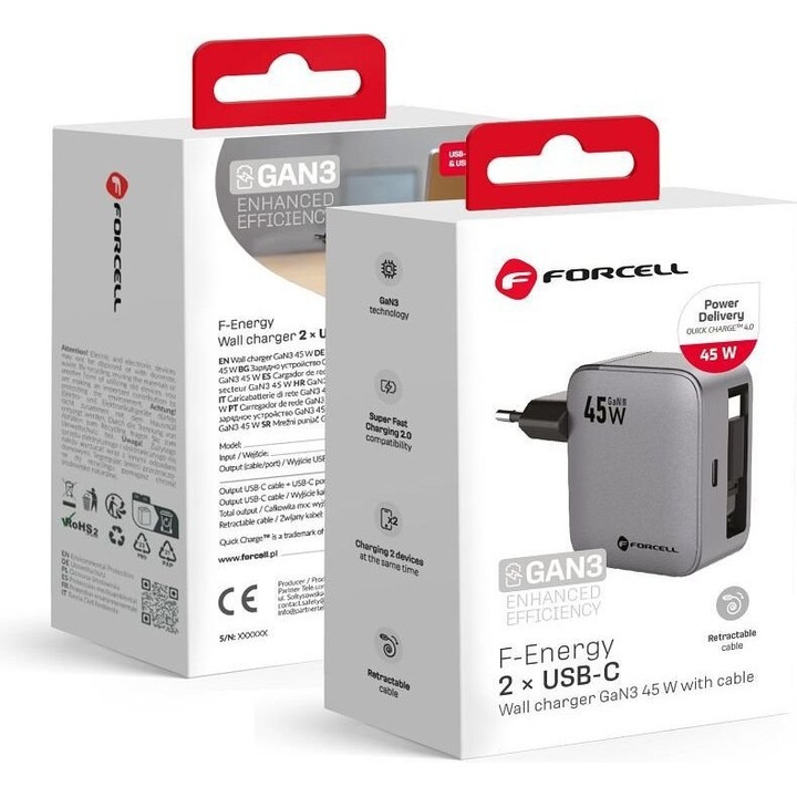 Incarcator de perete Forcell F-Energy VT-R5, 45 W, USB-C, cablu retractabil 65 cm, gri