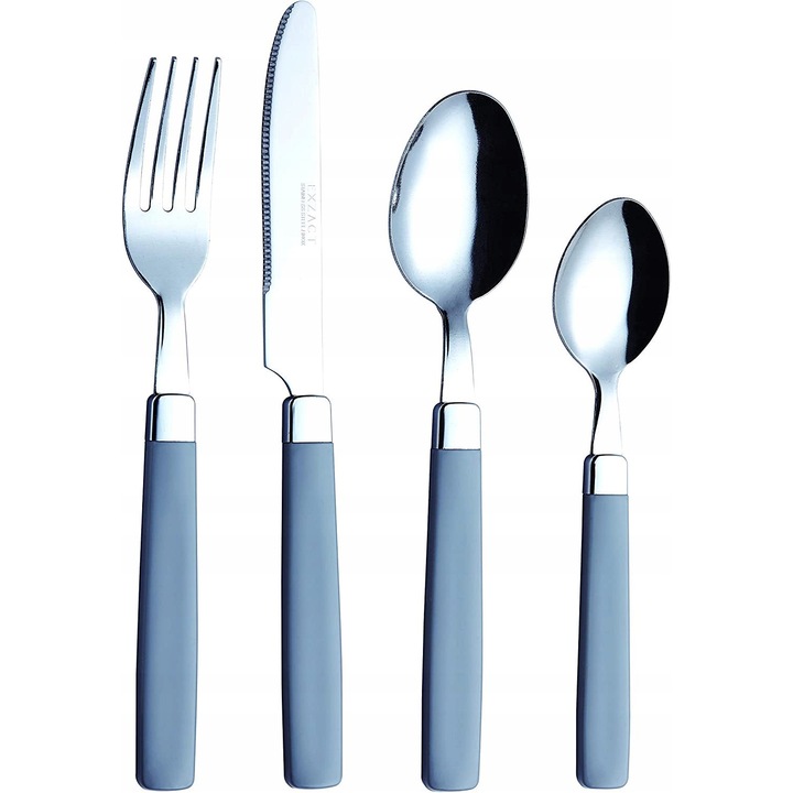 Комплект прибори за хранене от 16 части, Exzact, неръждаема стомана, цветни дръжки, сив