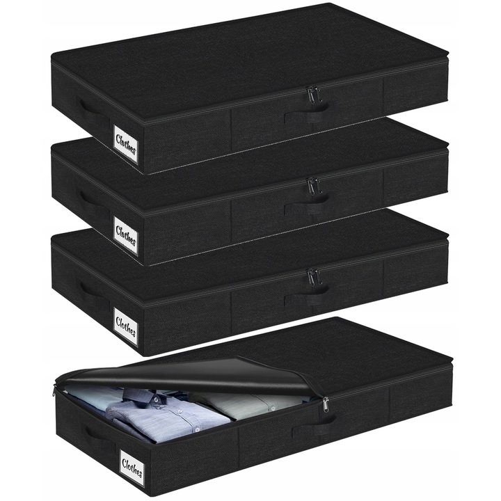 Set 4 cutii depozitare sub pat, 85x40x12cm, design ultracompact, impermeabil, cu capac si 3 manere