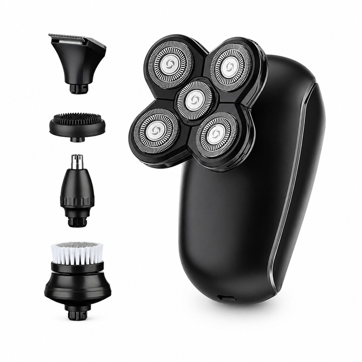 Aparat de Ras Electric 5 in 1, 5 Capete Flexibile, Motor 8000 RPM, Acumulator 800mAh, Autonomie 90 min, Incarcare USB, Wet & Dry IPX6, Trimmer Nas, Cap Tuns, Perie Faciala si Masaj