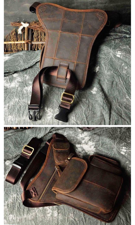 Le'aokuu férfi táska, valódi bőr, barna, 28x7x17cm, állítható és levehető pánttal