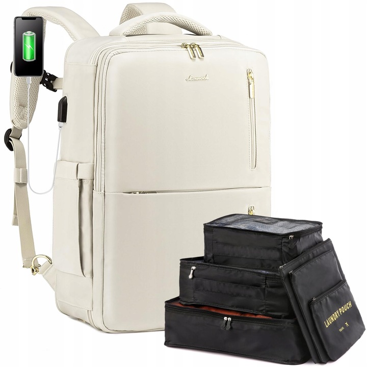 Rucsac mare pentru laptop 17", LOVEVOOK, set 6 piese, impermeabil, bej, 30-40l