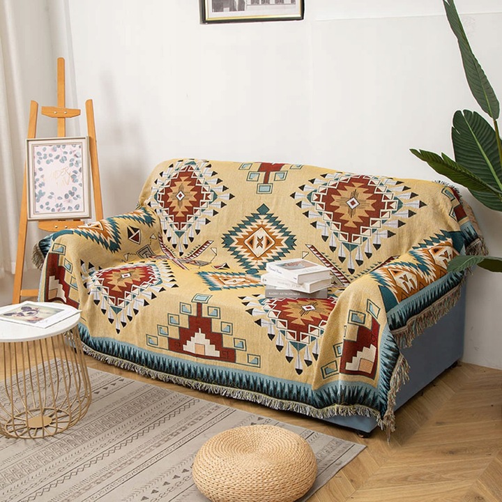 Narzuta Boho 130x180cm, 70% bumbac, 30% poliester, design cu franjuri, multicolor