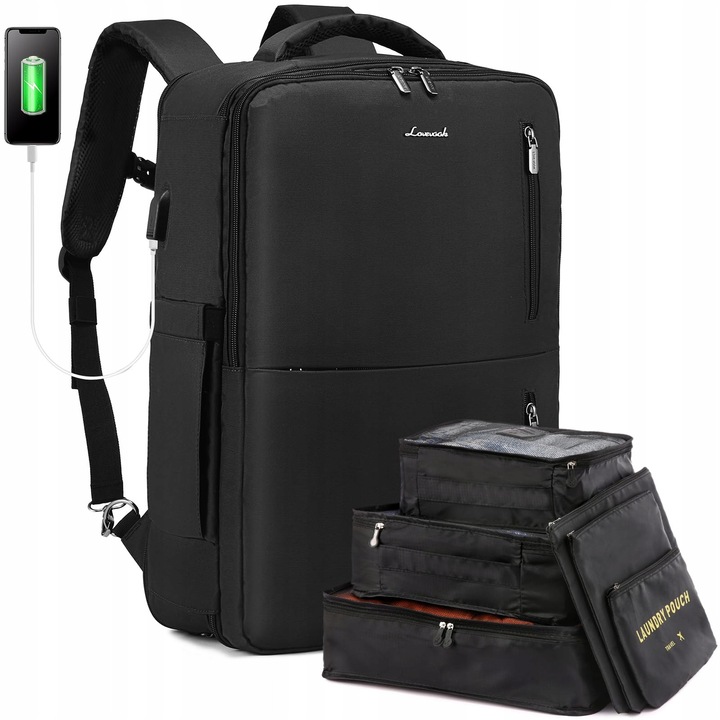 Rucsac de calatorie, LOVEVOOK, 30-40l, cu compartiment pentru incaltaminte, negru, 55x40x20 cm