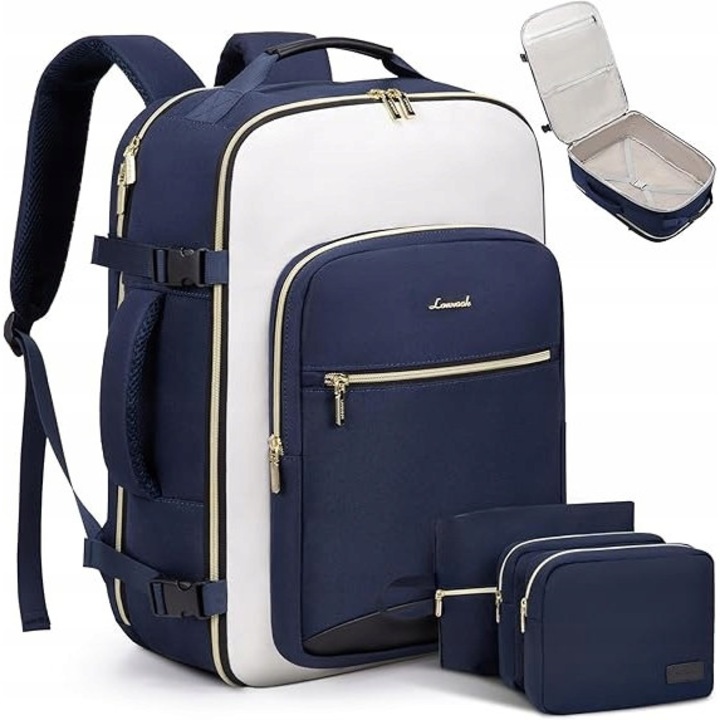 Rucsac de calatorie, LOVEVOOK, 40L, cu 15 buzunare, albastru/bej, pentru laptop 17 inch