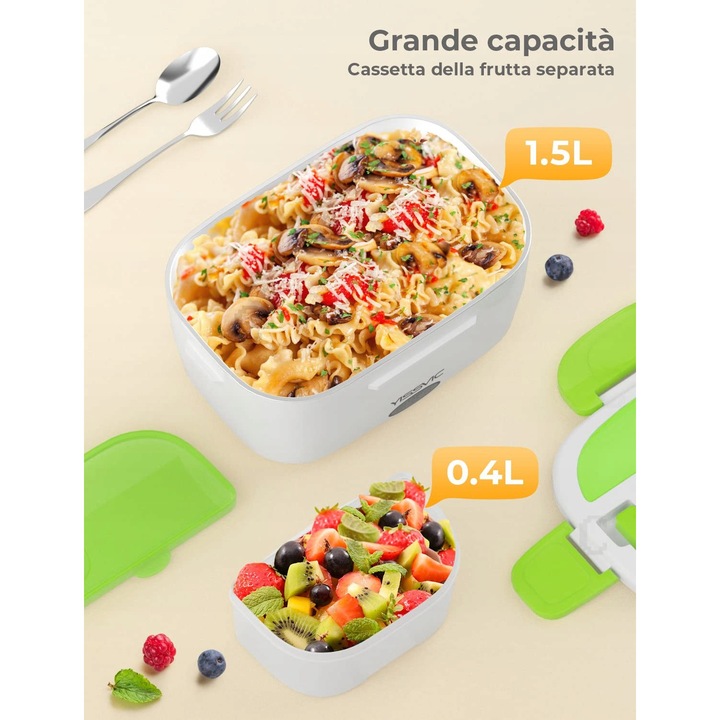 Cutie alimentara electrica YISSVIC, 1,5L, inox, 220V/12V, alb, cu suport pentru tacamuri