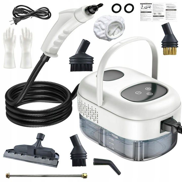 Aspirator cu aburi portabil, 2500W, 1100ml, 3 bari, accesorii pentru curatare, alb
