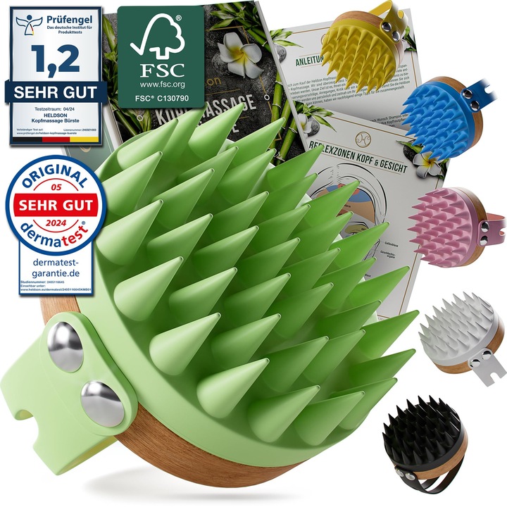 Perie de masaj pentru scalp, masaj eficient, antialergic, fara plastic, 100% bambus FSC, verde