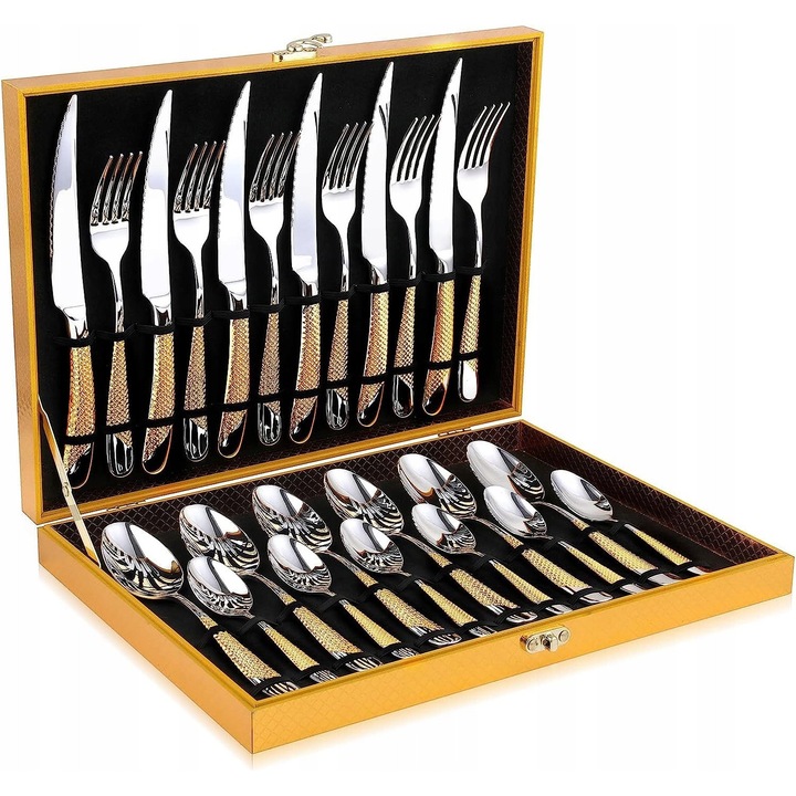 Set tacamuri 24 piese pentru 6 persoane, inox 18/10, design elegant, aurit