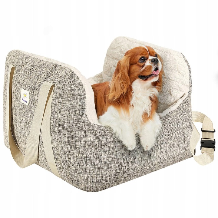 Autósülés kis kutyáknak, Pawaboo, biztonsági övvel és párnával, bézs, 25 fontig