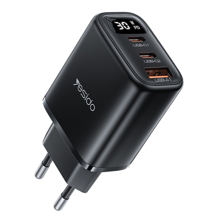 Incarcator pentru telefoane Yesido YC69, USB, 2 x Type-C, Fast Charging, Display Digital, 30W, Negru