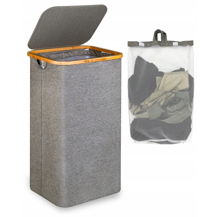Cos de rufe pliabil cu capac, 120 litri, gri, cu rama din bambus, 35x45x76cm