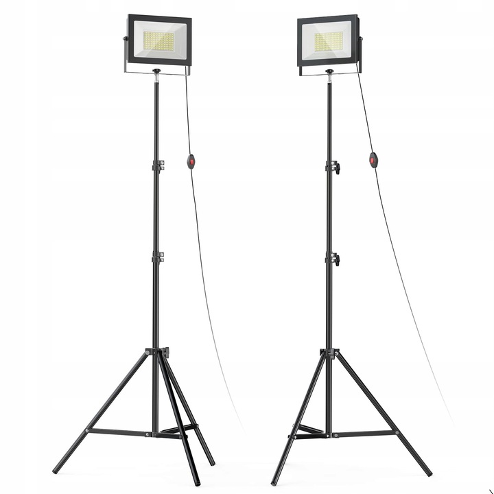 Set 2 Proiectoare LED cu Stativ, 100W, 11000 Lumen, IP65, 360° Rotire, 80x215cm
