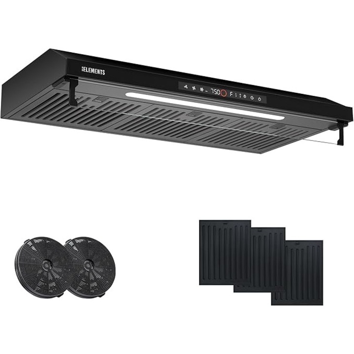 Hota de Bucatarie KB ELEMENTS 90cm - Putere 650 m³/h, Motor Dublu, Control Touch si Gesturi, Recirculare, Iluminare LED, Clasa A, Design Negru