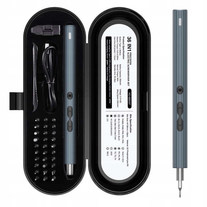 Set mini surubelnite electrice, 36 in 1, cu 30 de biti, magnetice, cu LED, pentru telefoane si laptopuri