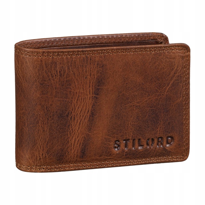 Portofel barbati STILORD Jay din piele, RFID, vintage, 10x7x2cm, culoare: negru-cognac