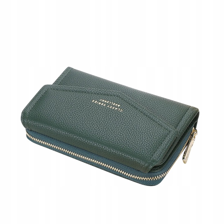 Дамски портфейл, 10 отделения, зелен, 15x4x10см, Кожа