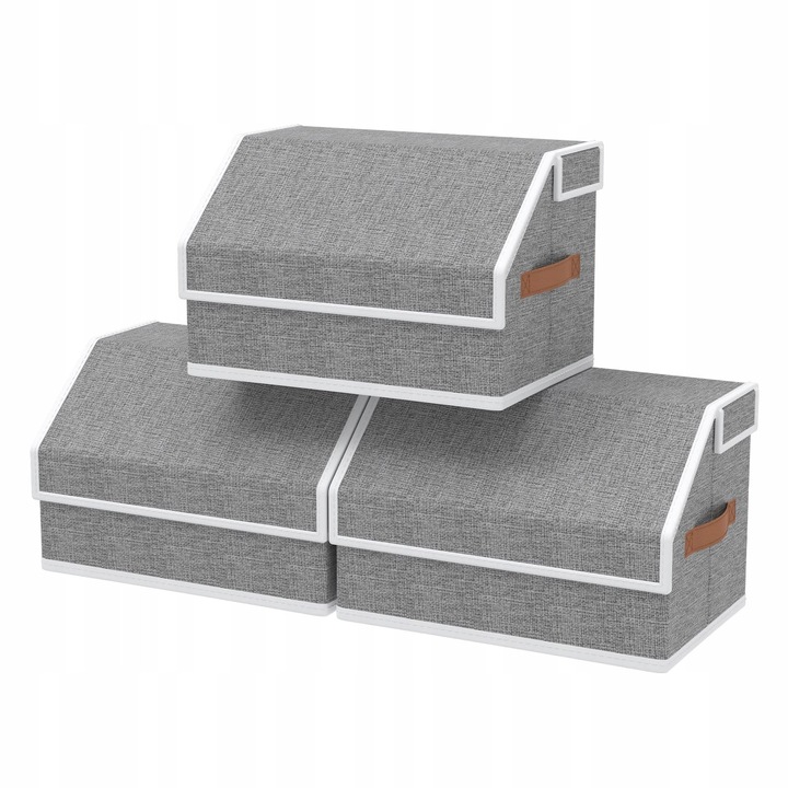 3 tárolódoboz fedéllel, 38x25x25 cm, szürke, ferde kialakítás, tartós anyagok