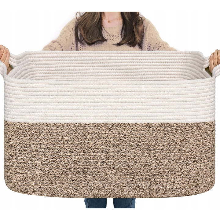 Cos pentru rufe pliabil, 65L, alb/maro, 55x38x29cm, depozitare pentru jucarii si prosoape