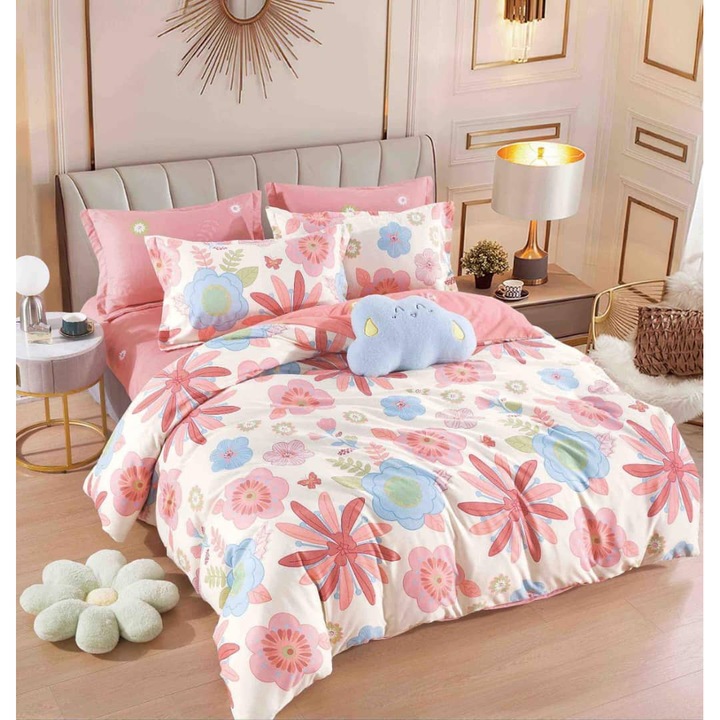 Lenjerie de pat dublu, 2 persoane, bumbac Finet, 6 Piese, Cearceaf de pat cu elastic 230x250 cm, Cearceaf pilota 200 x 230 cm, 2 fete de perna 70 x 70 cm, 2 fete de perna 50 x 70cm, MHR-1827