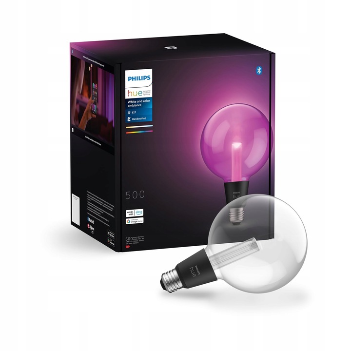 Bec inteligent Philips Hue Lightguide G125, forma Glob, alb si colorat, control vocal, dimensiune mare