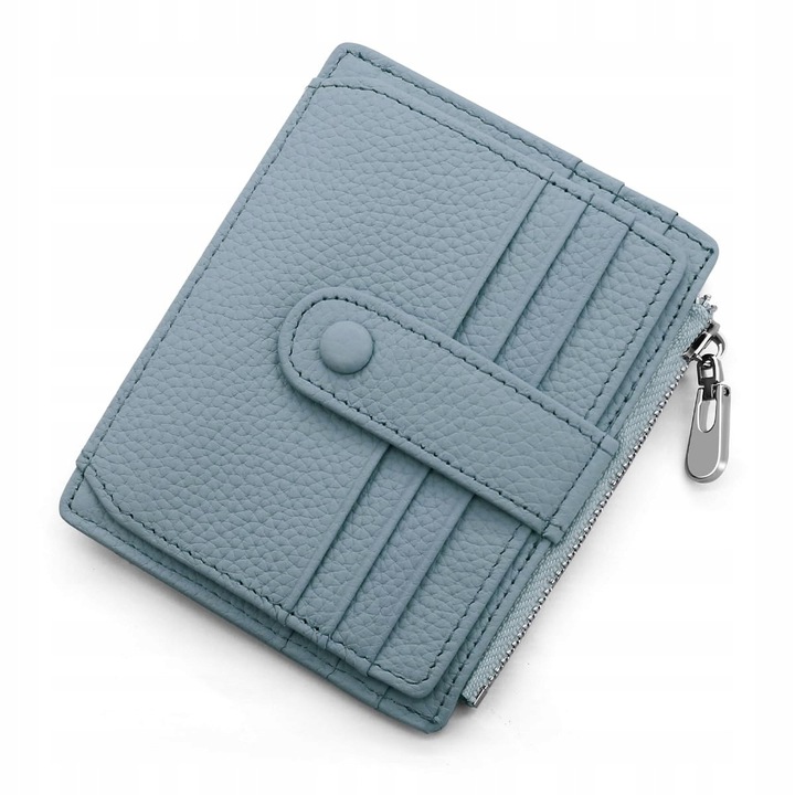 Portofel din piele RFID unisex, 14 sloturi pentru carduri, cu fermoar, 11,5x9x1,5cm, albastru deschis, set cadou