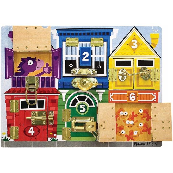 Oktató játék, Melissa & Doug, Színes sarkokkal, 6 ajtóval, 39,9x29,7x3,6cm