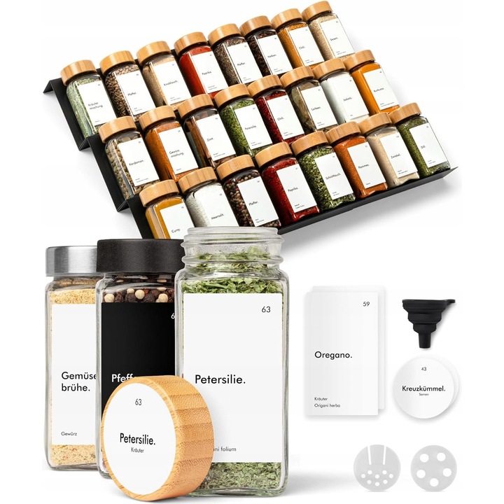 Organizer pentru condimente, 24 borcane, metalic, argintiu, dimensiuni 38x30-60cm, set complet