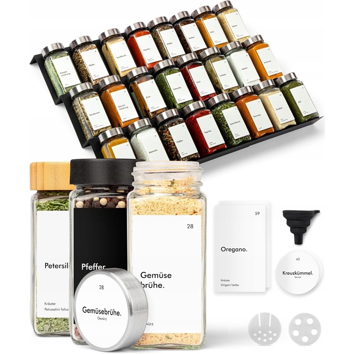 Raft pentru condimente, 24 borcane, 240 etichete, metal, argintiu, dimensiuni reglabile 38x30-60cm