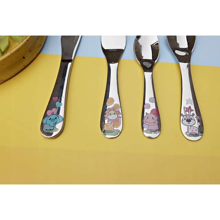 Комплект детски прибори за хранене, Exzact, 4 части, неръждаема стомана, малки размери, висок гланц