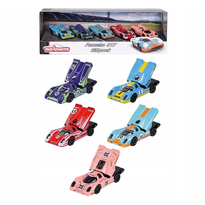 Zestaw 5 Masinute Majorette Porsche 917, 7,5cm, cu suspensie, pentru copii 3+ ani
