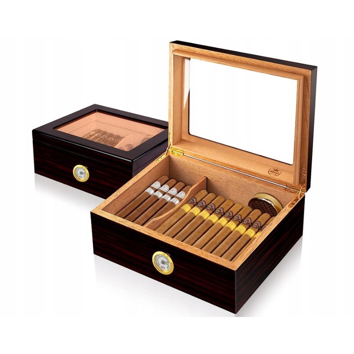 Cutie pentru tigari Abigali, lemn de cedru spaniol, capacitate 30-50 tigari, 26x22x11cm, cu higrometru si umidificator