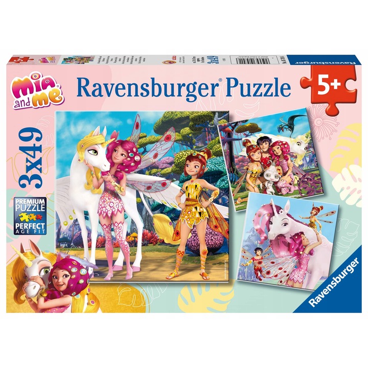 Puzzle Ravensburger 3x49 elemente, Kraina Elfilor si Unicornilor, 21x21cm, pentru copii de la 5 ani