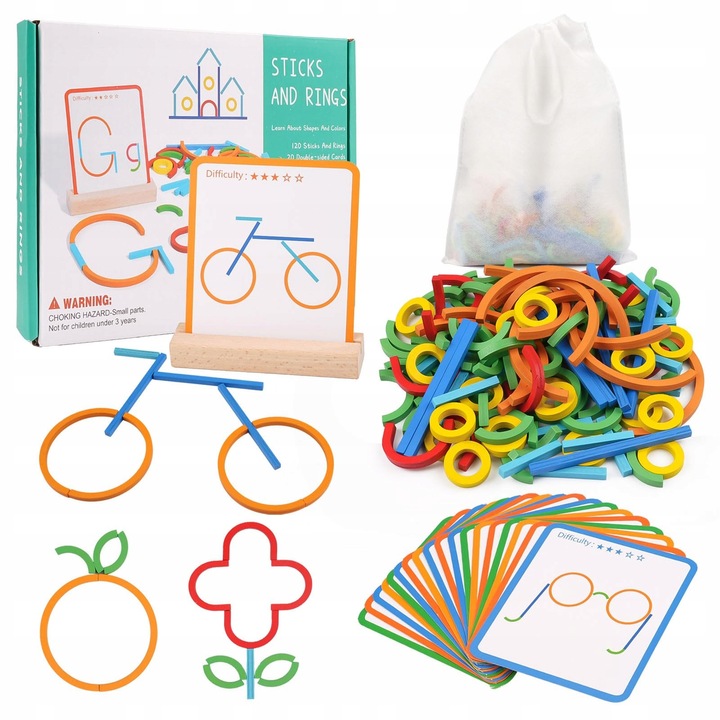 Set Jocuri Educative Montessori, 120 Bastoane si Inele din Lemn, 20 Cartonase, pentru Copii 3+