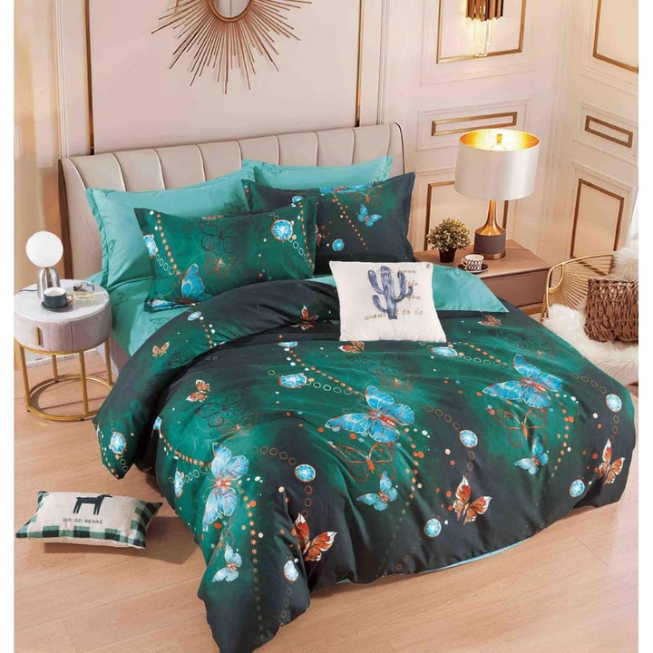 Lenjerie de pat dublu, 2 persoane, bumbac Finet, 6 Piese, Cearceaf de pat cu elastic 230x250 cm, Cearceaf pilota 200 x 230 cm, 2 fete de perna 70 x 70 cm, 2 fete de perna 50 x 70cm, MHR-1839