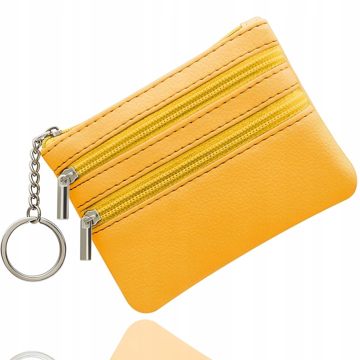 Портфейл за монети от кожа, жълт, 12x9x1,5 см, с 3 отделения, ключодържател, за жени