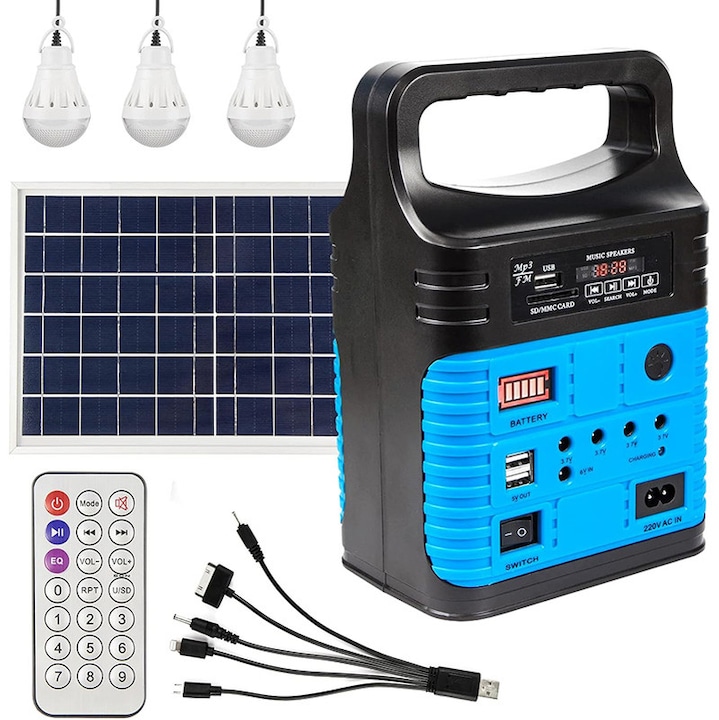 Mini hordozható generátor, Omelivon, napelemes töltés, 3 m kábel, 10000 mAh, 3 szett LED lámpa, USB, Bluetooth, távirányító, könnyen szállítható, kültéri kempingezéshez, áramszünet esetén vészhelyzetekhez stb., kék