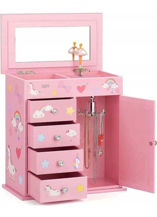 Cutie de bijuterii pentru fete, 5 straturi, balerina, unicorni, 23,09x12,7x25cm