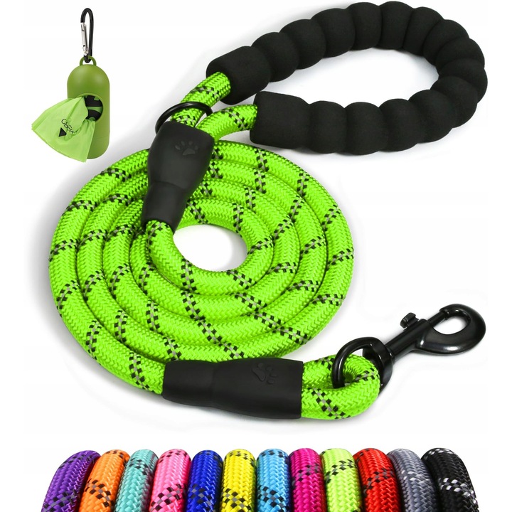 Lesa pentru caini Taglory, 180x1,2cm, nylon verde, cu maner captusit, reflectorizant