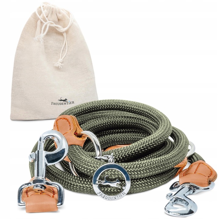 Lesa pentru caini Freudentier, 2m, nylon rezistent, elemente din piele maro, verde padure
