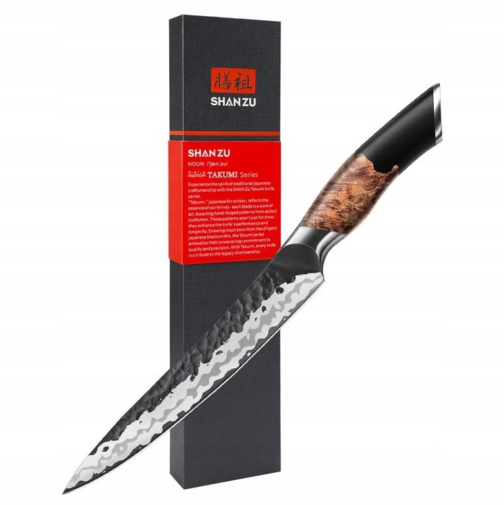 Cutit de bucatarie japonez SHAN ZU, 7 straturi otel carbon, ultra ascutit, maner din lemn de artar